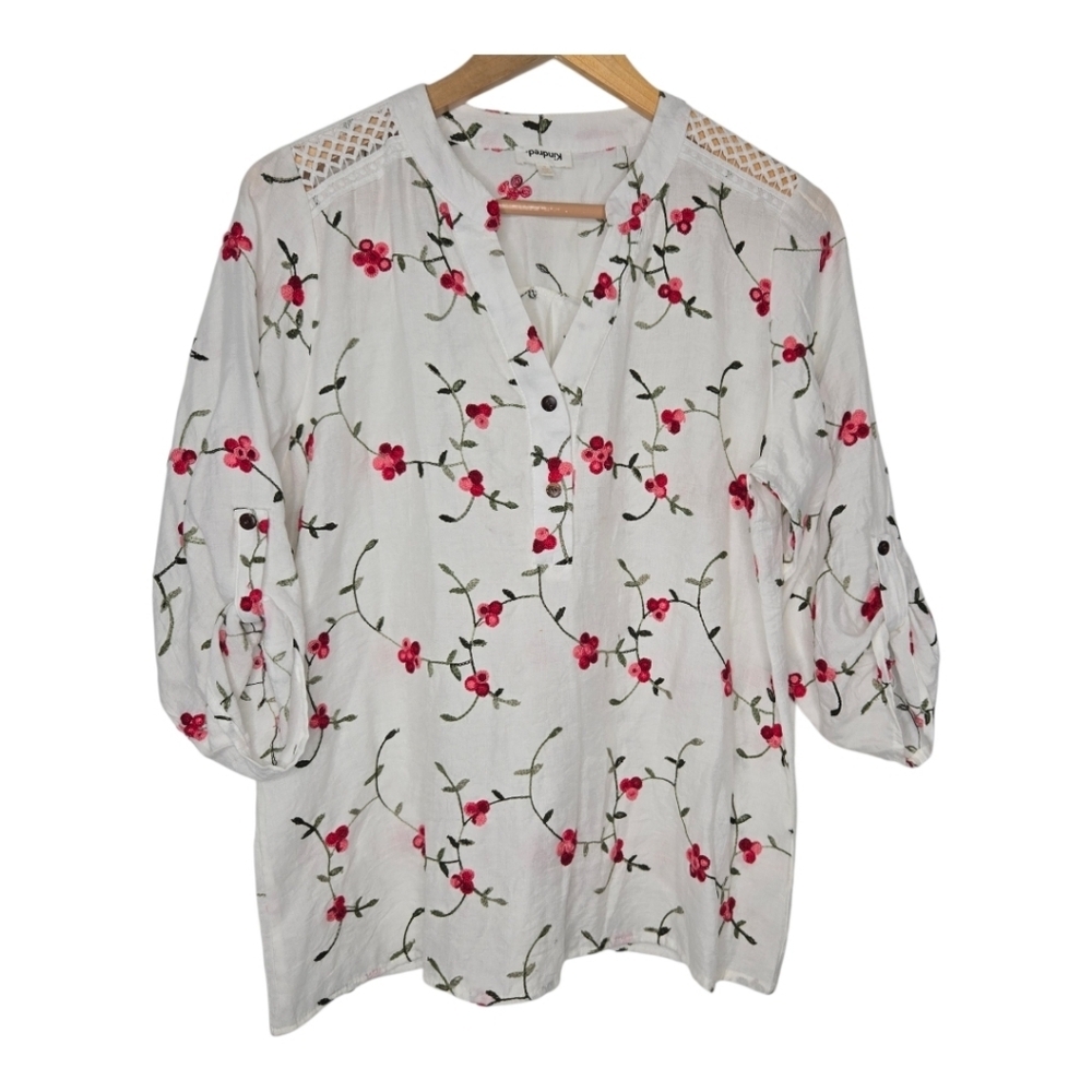 Kindred Womens Pink Floral Embroidered Lace Shoulder Blouse Medium